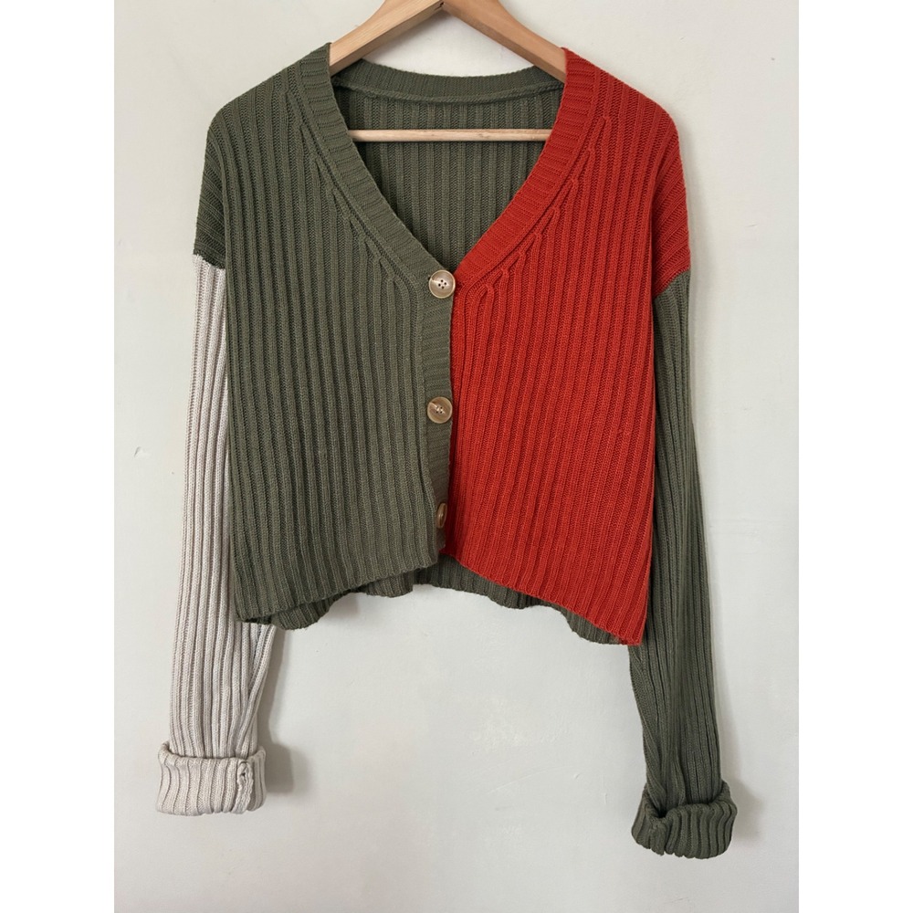 SHEIN Womens Colorblock Ribbed Knit Cardigan Sweater Olive Orange Cream L Boho